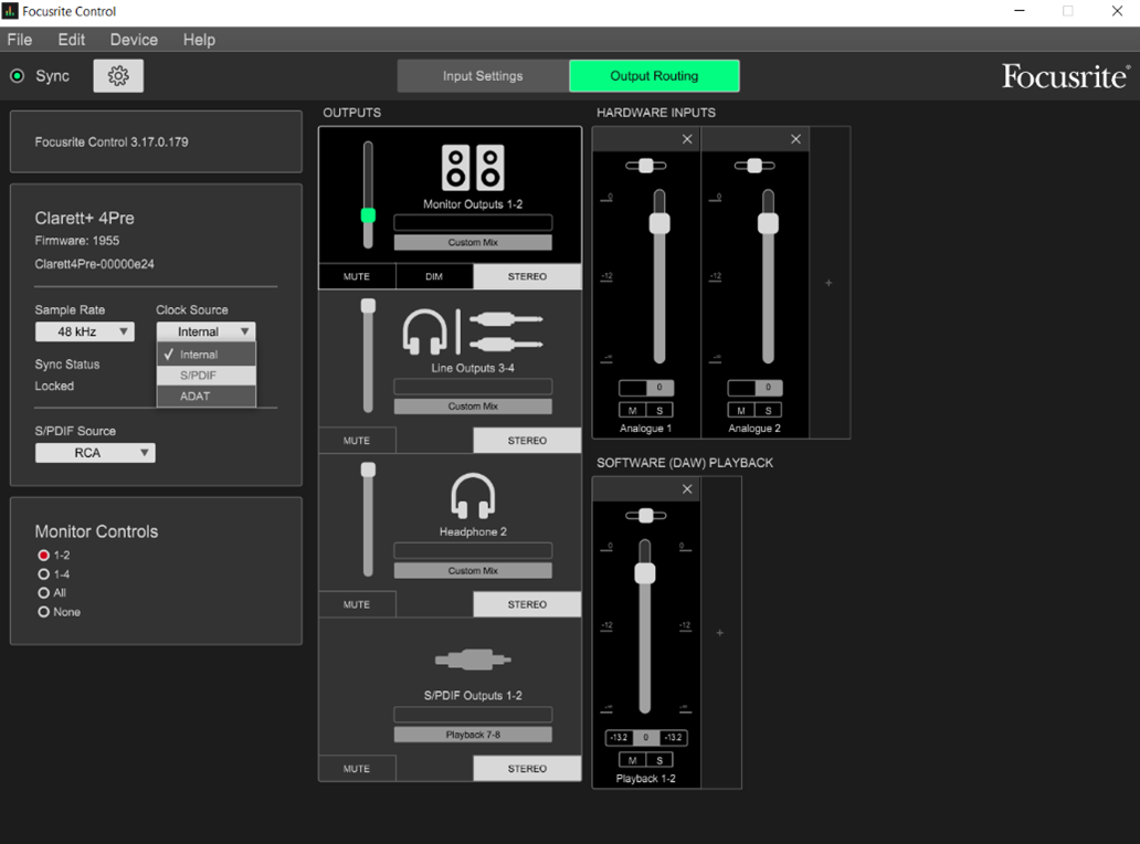 Clock source setting in Focusrite Control