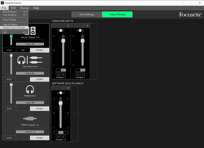 Reset to Factory Defaults dans Focusrite Control