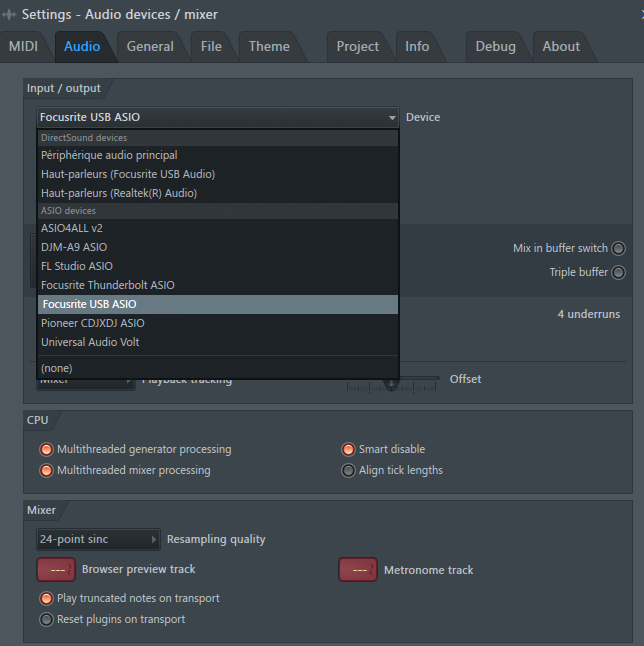 Sélection du pilote Focusrite USB ASIO dans un DAW