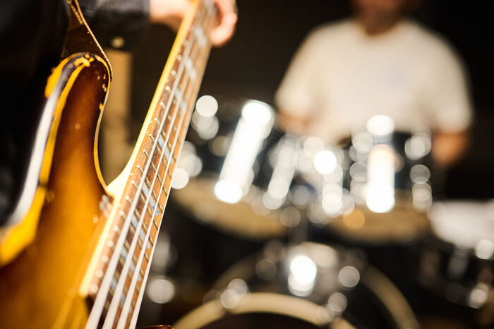 Close-up of an electric guitar body
