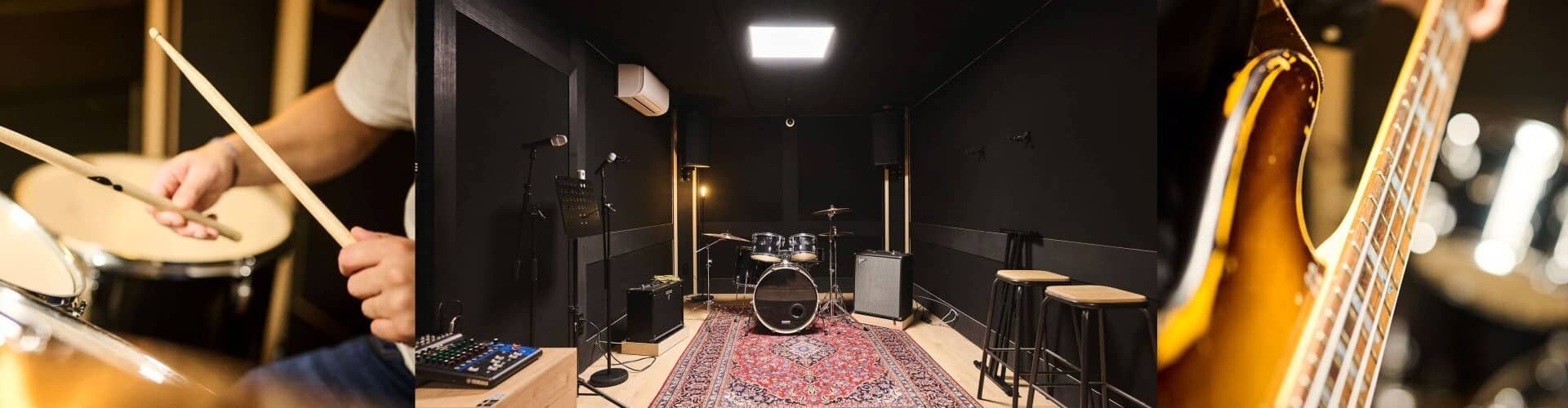 Drum toms, interior of an equipped rehearsal space, and vintage bass neck.